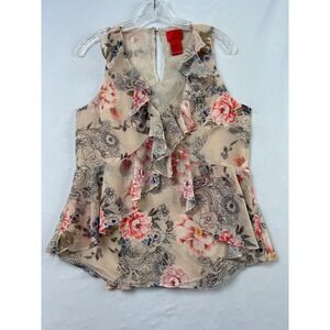V Cristina Floral Peplum Blouse Womens Medium Beige Ruffle Sleeveless Feminine